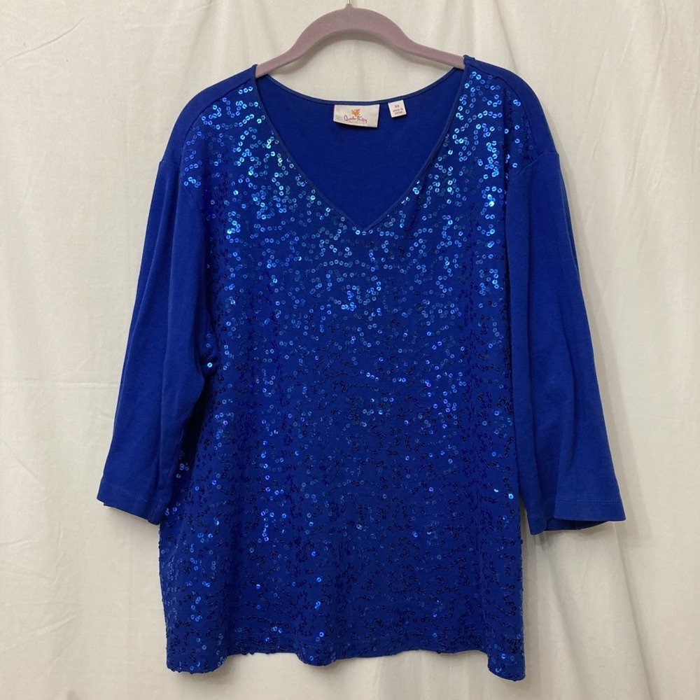 Quacker Factory Blue Sequin Patterned V-Neck Top w/Elbow Sleeves - SZ 3X